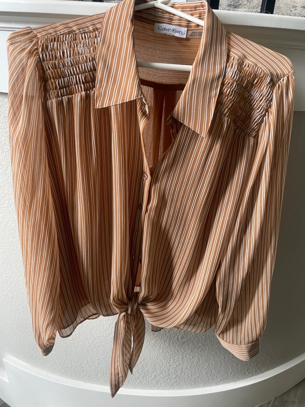 Calvin Klein Women's Tan and White Striped Tie-Front Button Down Blouse